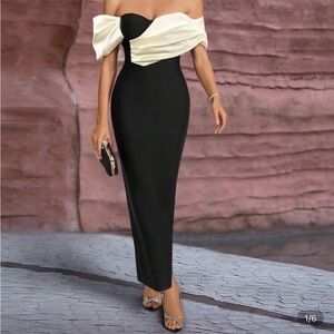 Elegant Off-Shoulder Black and Cream Dress